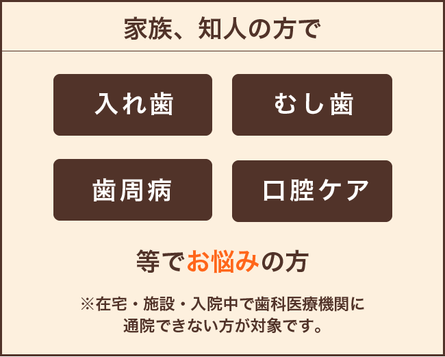 入れ歯、むし歯、歯周病、口腔ケア等でお悩みの方。※在宅・施設・入院中で歯科医療機関に通院できない方が対象です。